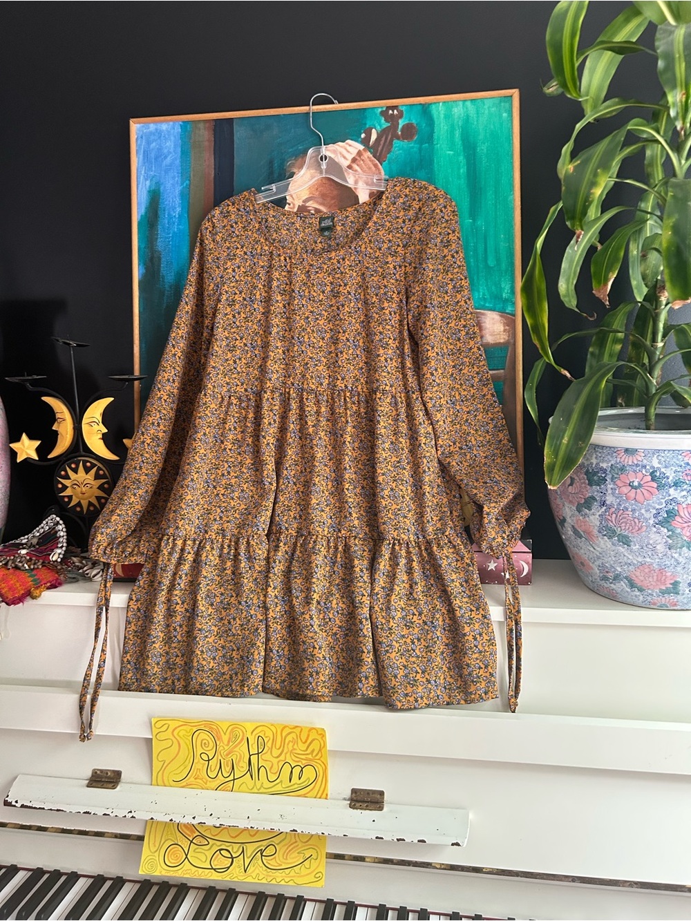Wild Fable Mustard Floral Tiered Midi Dress Women’s Medium Boho Cottagecore - Picture 3 of 16